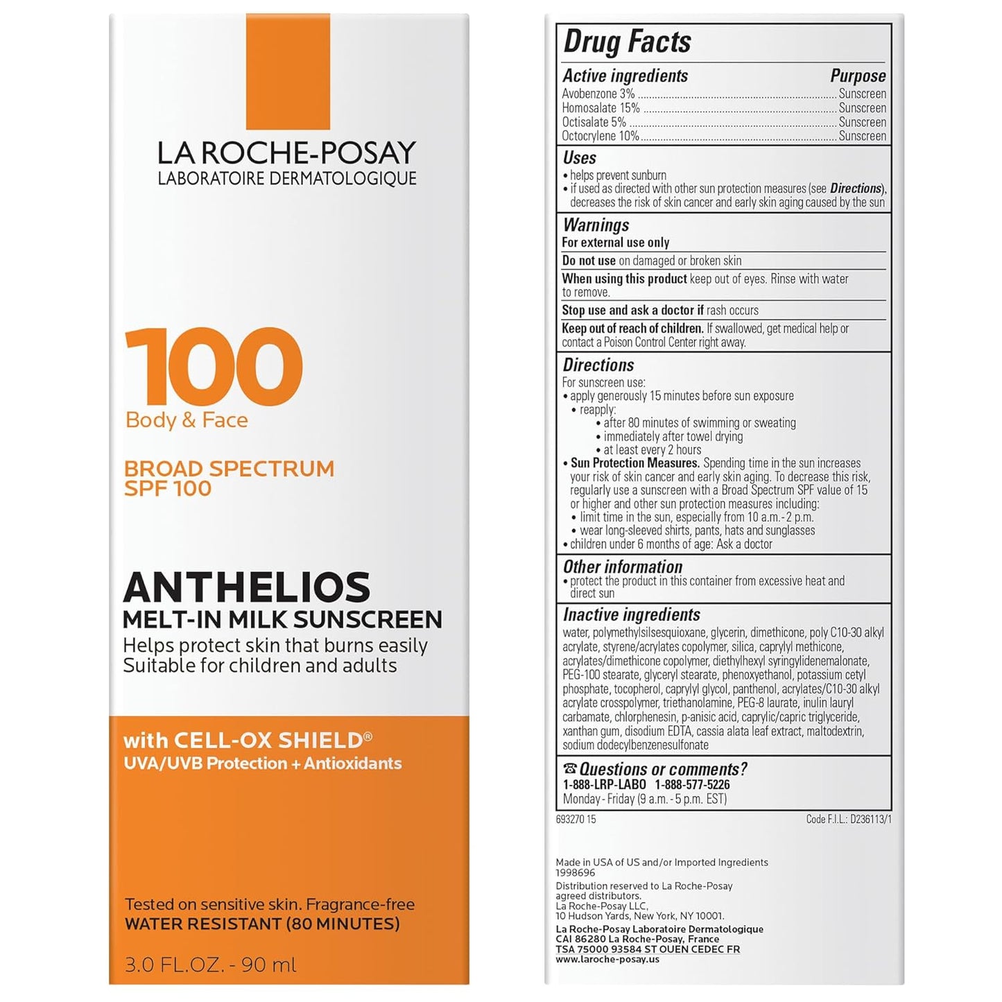 LA ROCHE-POSAY Anthelios Body & Face SPF100 Sunscreen  (3oz)